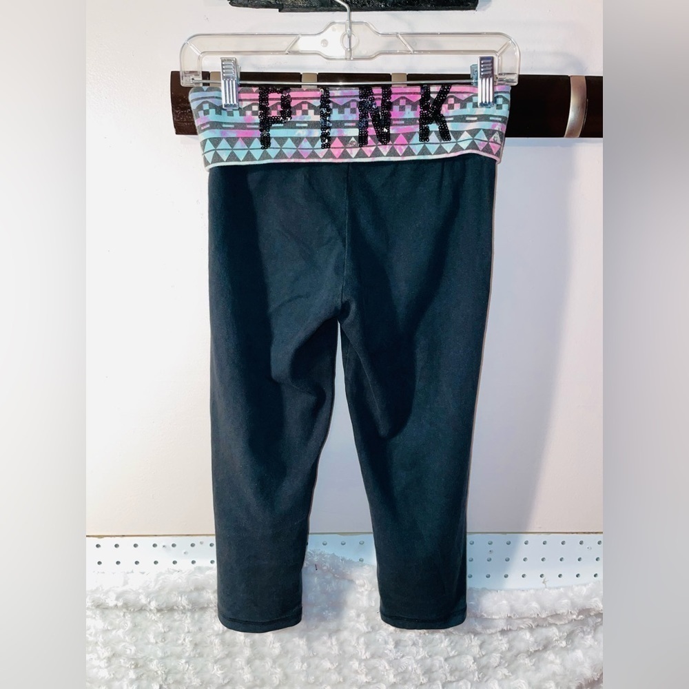 PRE-OWNED ONLY WORN TWICE YOGA PANTS BLUE AND PINK BLACK SPARKLE BLACK ON BACK